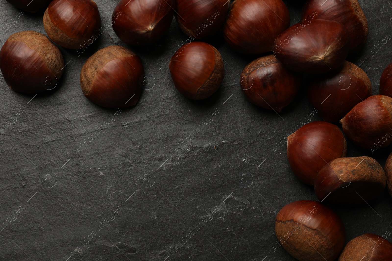 Photo of Roasted edible sweet chestnuts on grey textured table, flat lay. Space for text