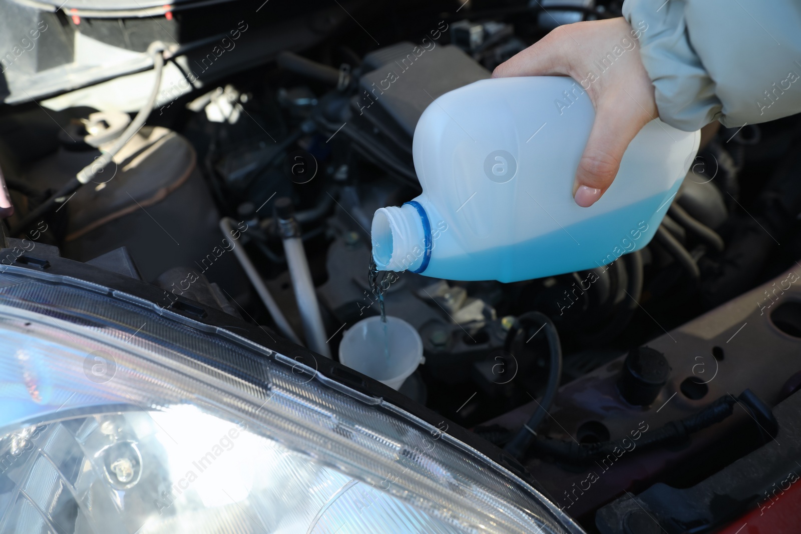 Photo of Woman pouring antifreeze from plastic canister into windshield washer fluid reservoir, closeup