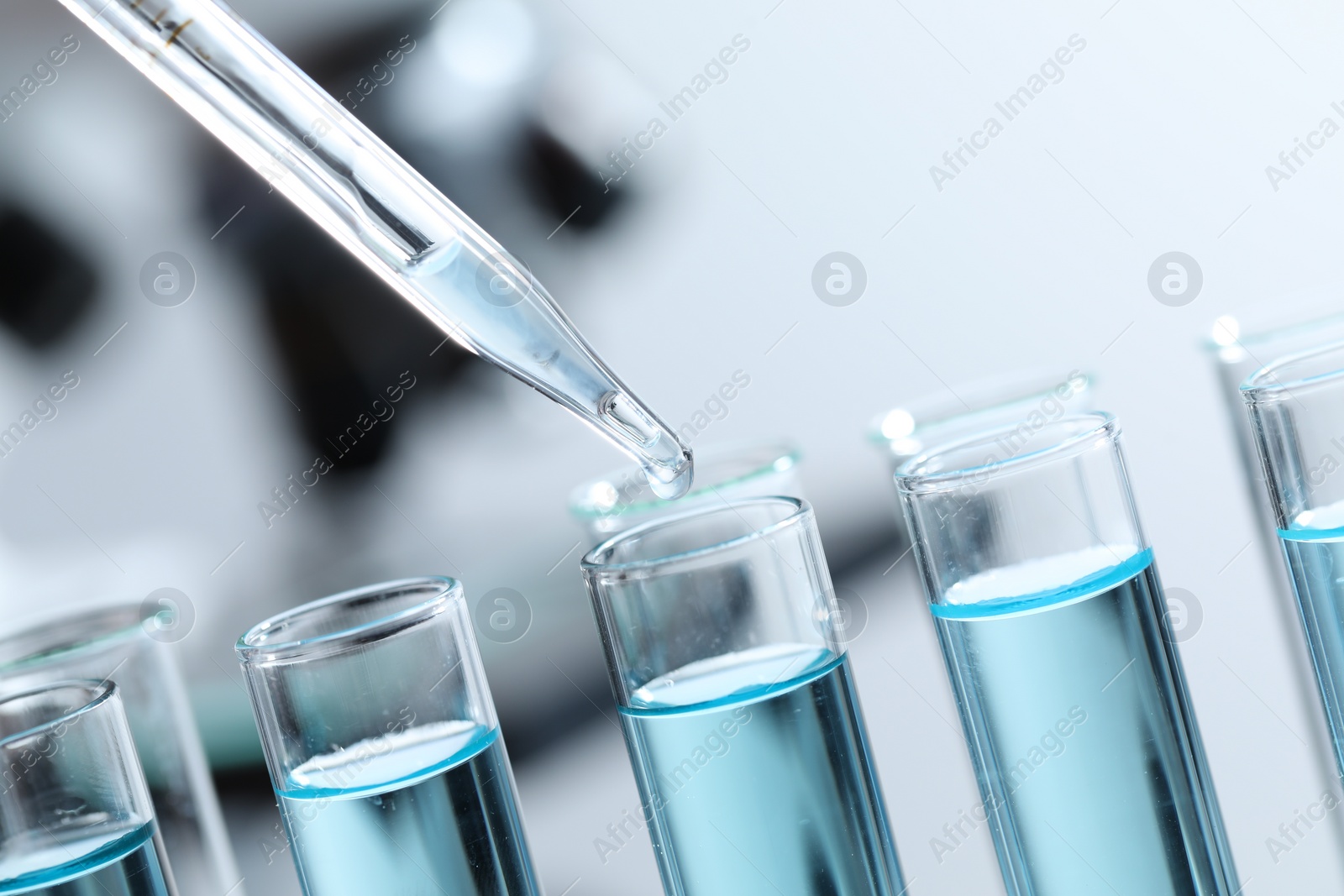 Photo of Dripping liquid from pipette into test tube on blurred background, closeup