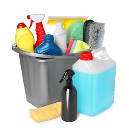 Photo of Grey bucket and many different car wash products on white background