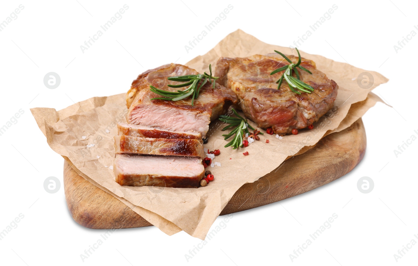 Photo of Pieces of delicious fried meat with rosemary and spices isolated on white