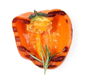 Photo of Half of grilled bell pepper and rosemary isolated on white, top view