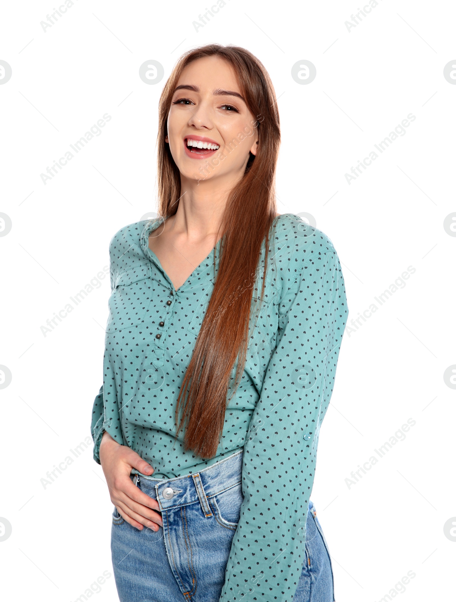 Photo of Portrait of beautiful young woman on white background