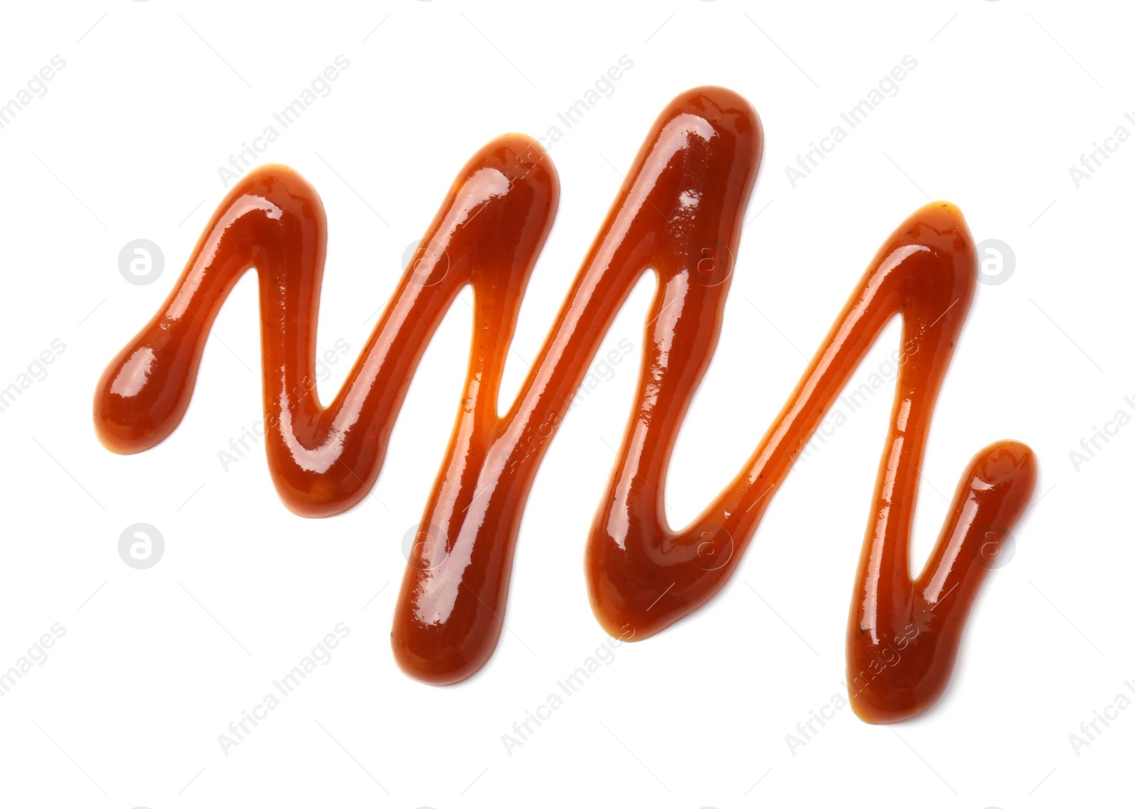 Photo of Tasty barbecue sauce isolated on white, top view