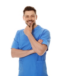 Photo of Portrait of male doctor in scrubs isolated on white. Medical staff