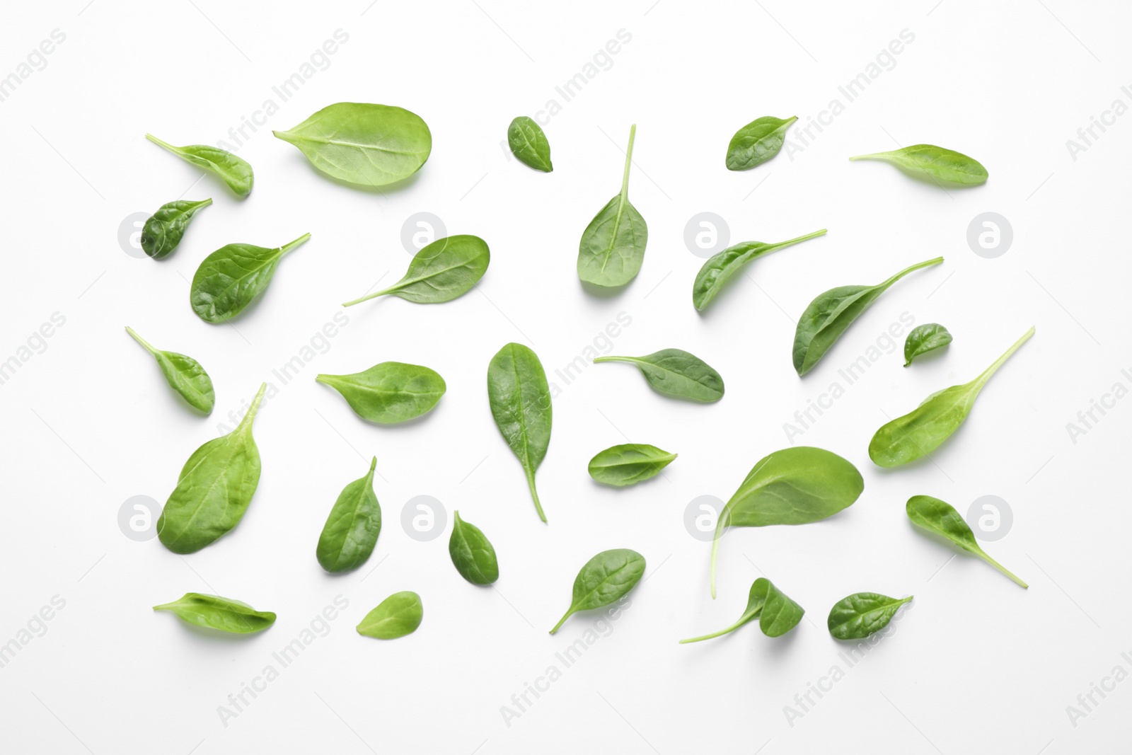 Photo of Fresh green healthy spinach leaves on white background, top view