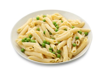 Delicious pasta with green peas and cheese in bowl isolated on white