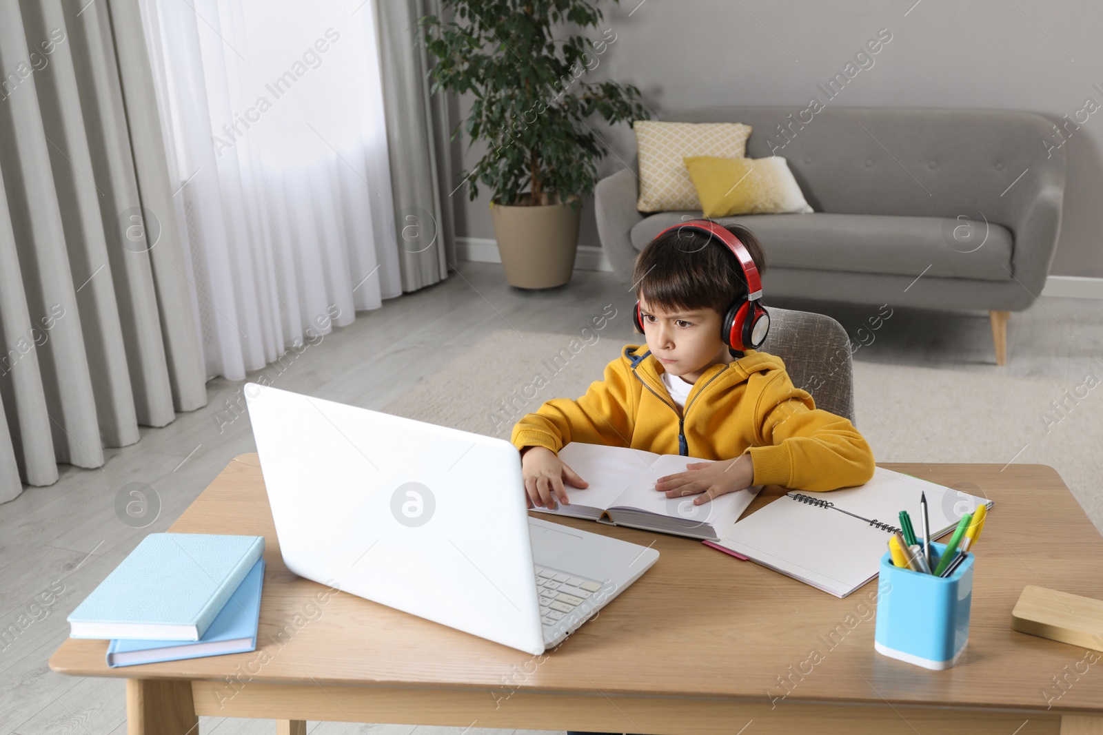 Photo of Cute little boy with modern laptop studying online at home. E-learning