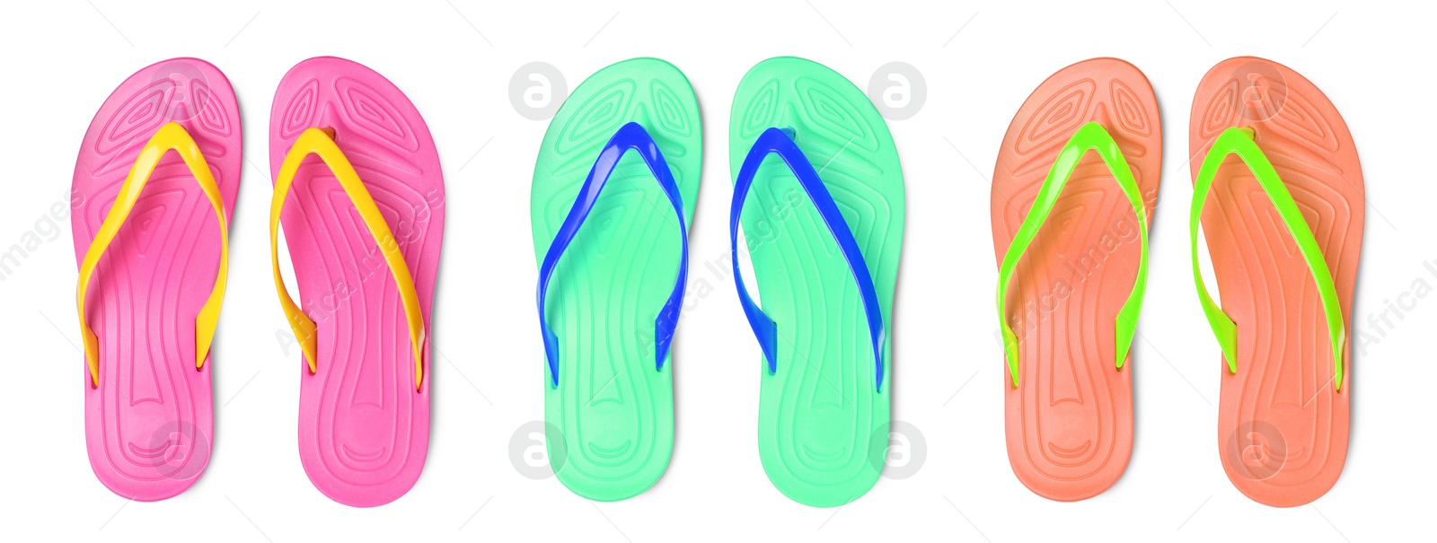 Image of  Set with different colorful flip flops on white background, top view. Banner design