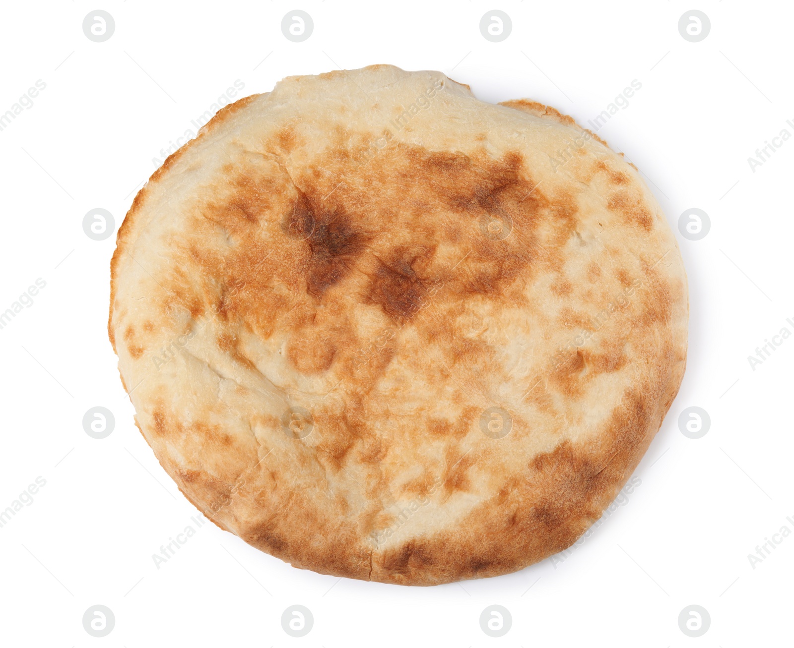 Photo of Loaf of delicious fresh pita bread on white background, top view