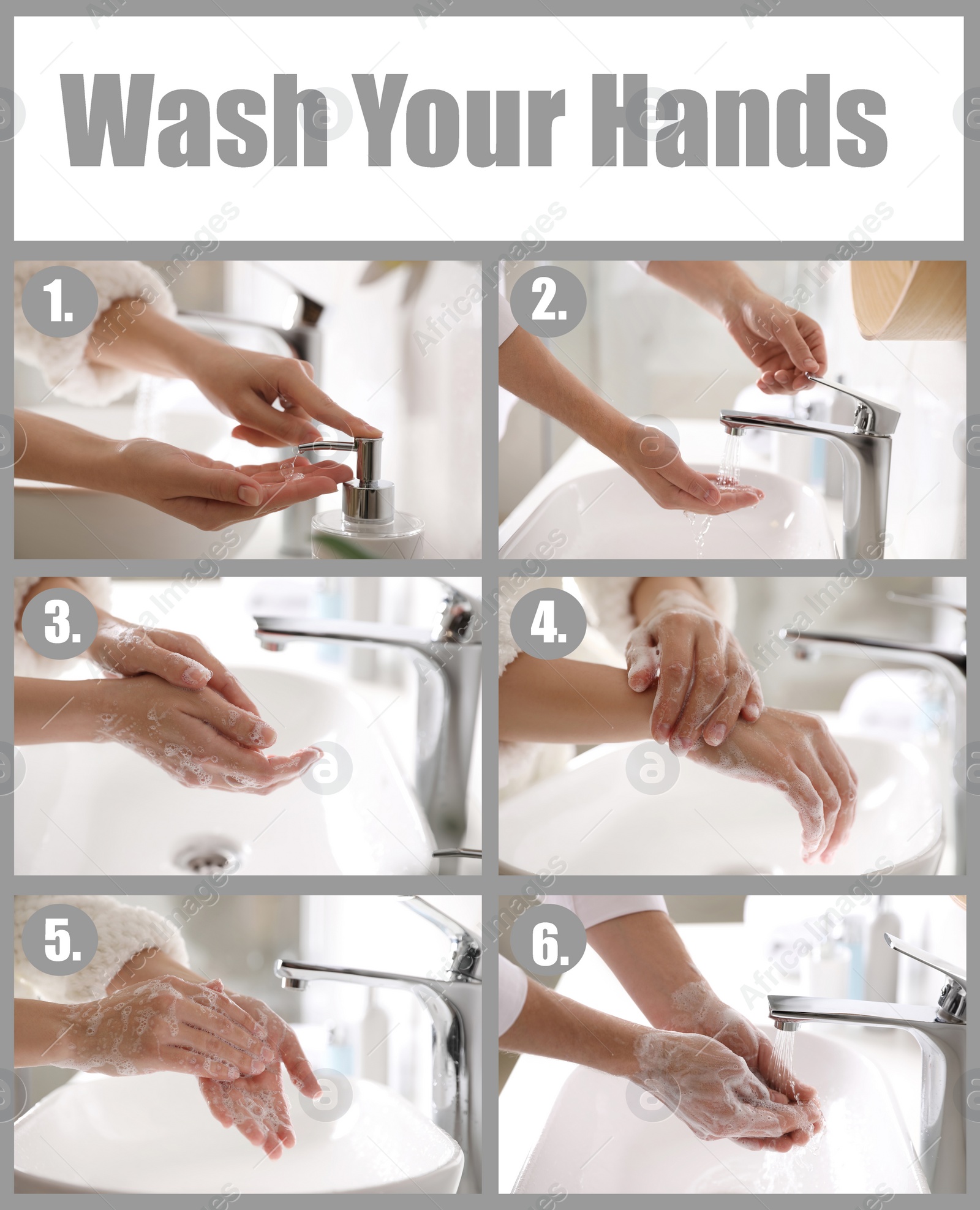 Image of Steps of washing hands effectively. Collage with person over sink in bathroom, closeup