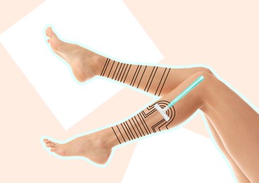Image of Epilation concept. Young woman showing beautiful legs with lines and razor on beige background, closeup