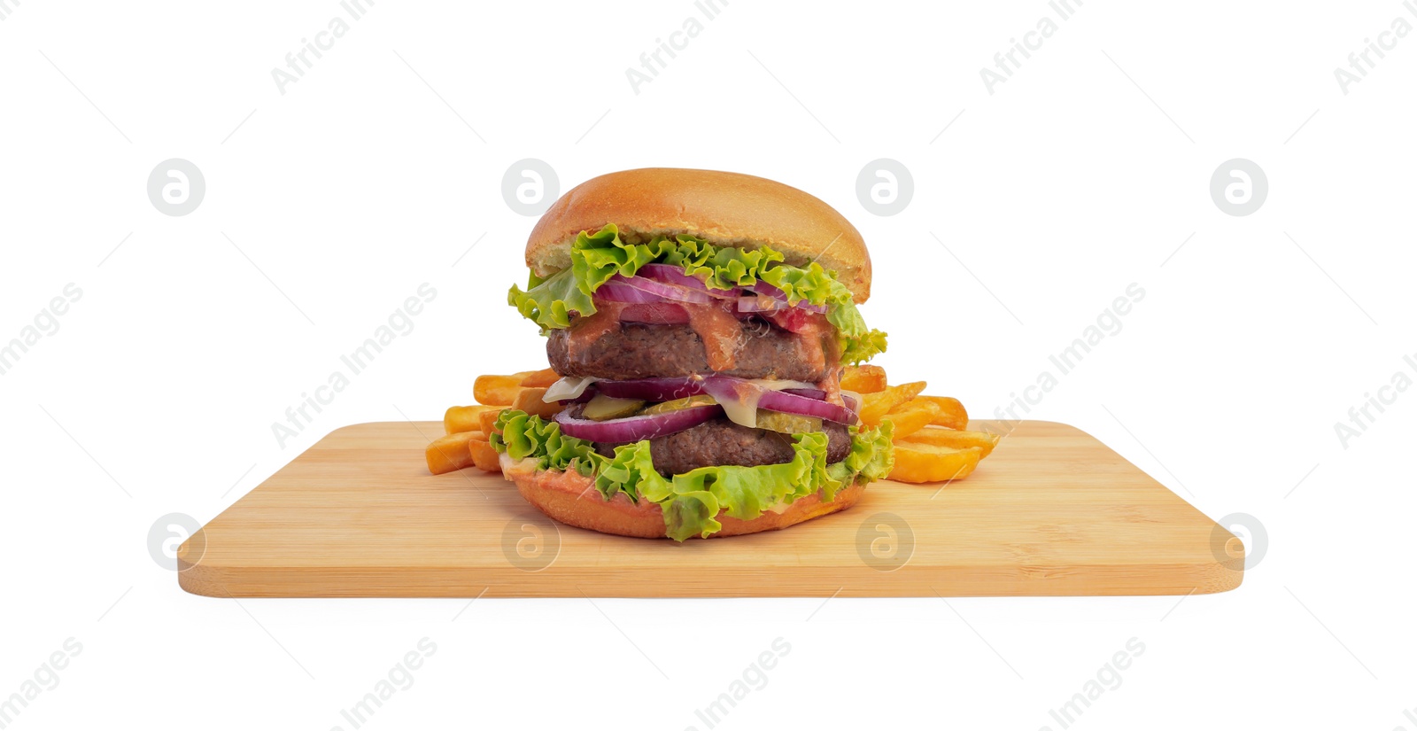 Photo of Board with tasty burger and French fries isolated on white