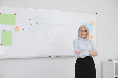 Mature teacher near whiteboard in modern classroom. Space for text