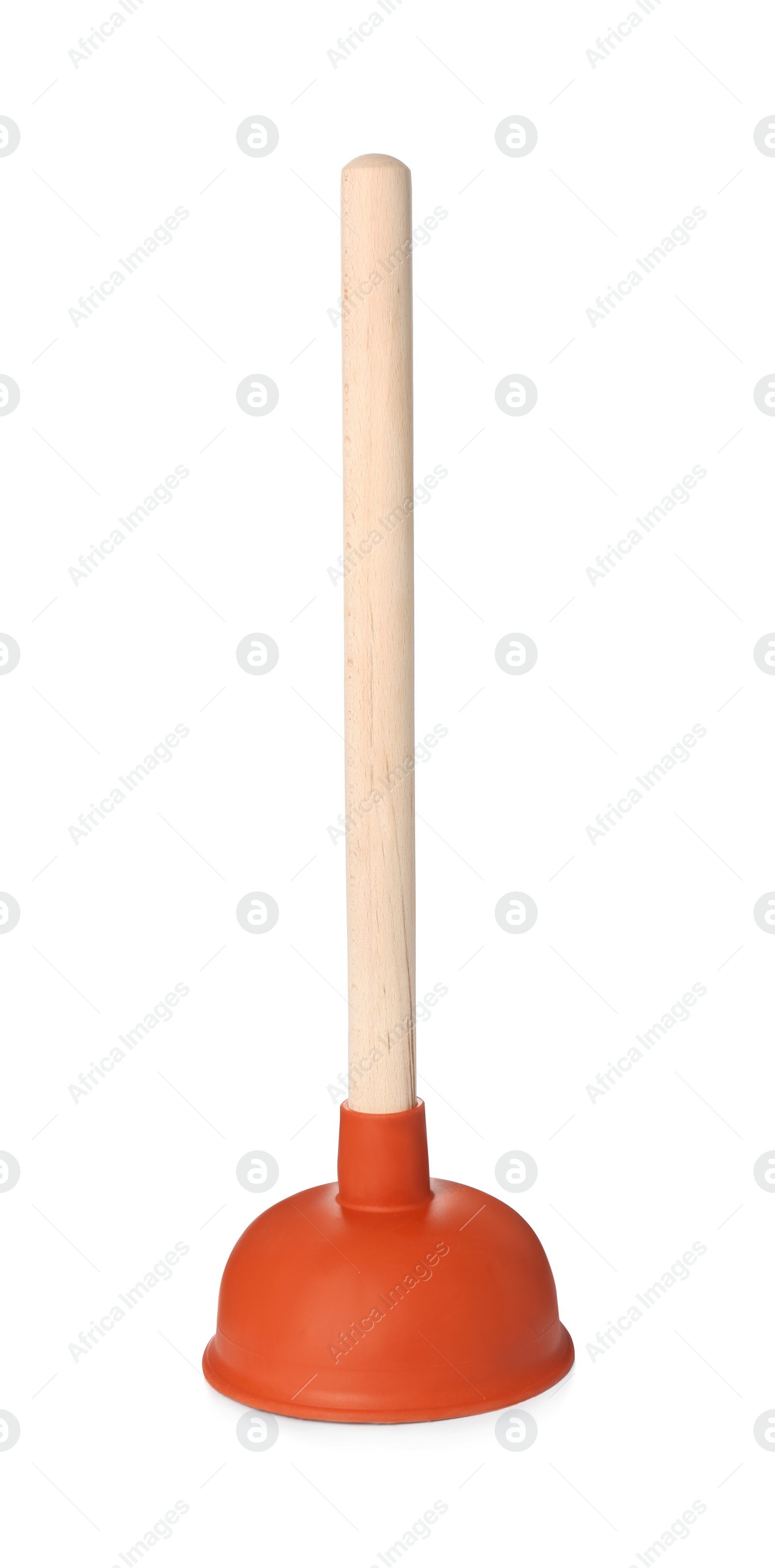 Photo of Plunger with wooden handle isolated on white. Toilet cleaning tool