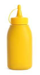 Photo of Spicy mustard in plastic bottle isolated on white