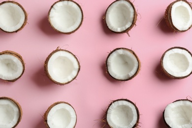 Photo of Coconut pattern on color background, flat lay