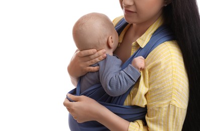 Photo of Mother holding her child in sling (baby carrier) on white background, closeup