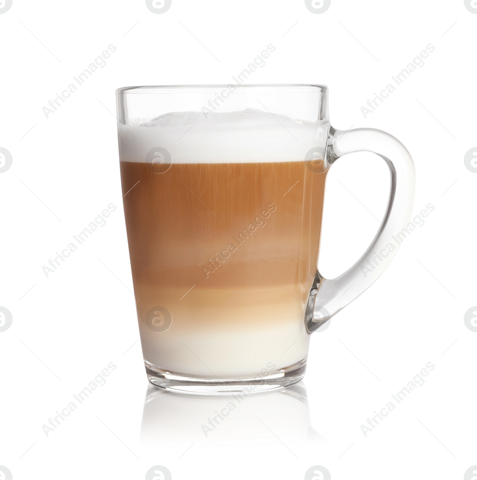 Photo of Hot coffee with milk in glass cup isolated on white