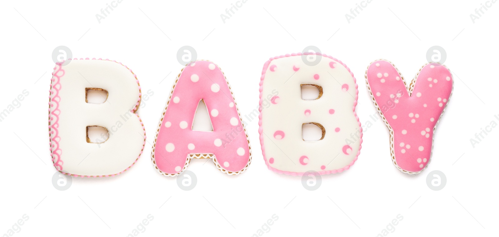 Photo of Word BABY made of tasty cookies on white background, top view