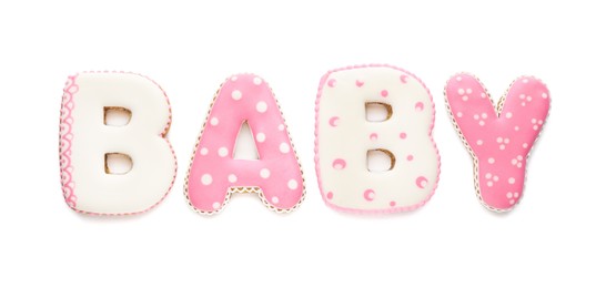 Word BABY made of tasty cookies on white background, top view