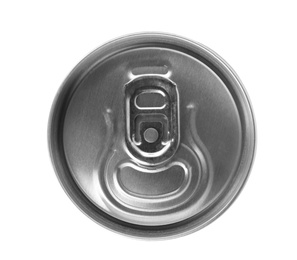 Top view of aluminum can with beverage on white background