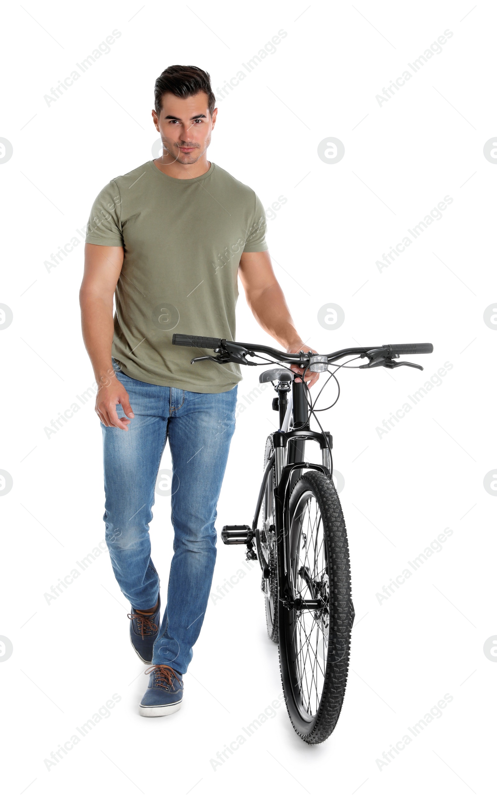 Photo of Handsome young man with modern bicycle on white background