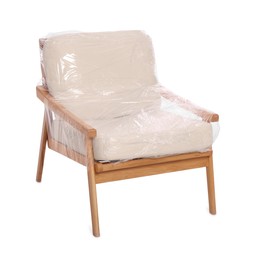 Armchair wrapped in stretch film on white background