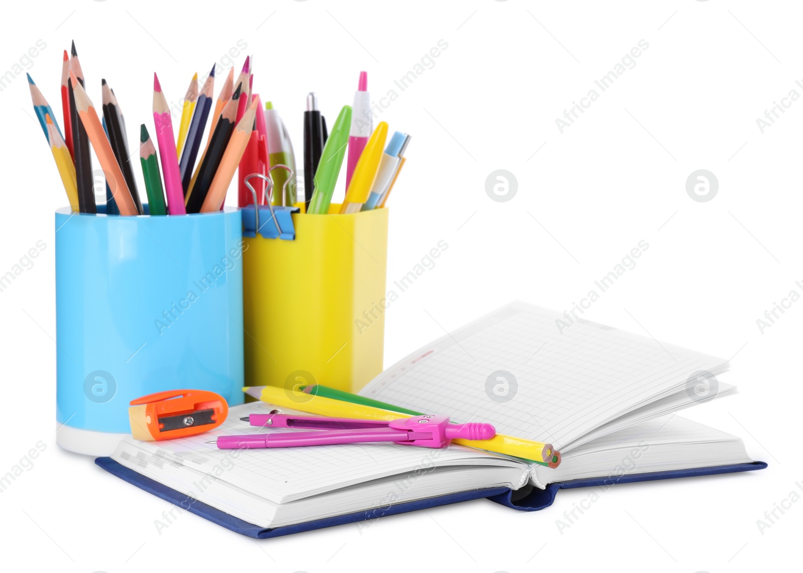 Photo of Set of colorful school stationery on white background