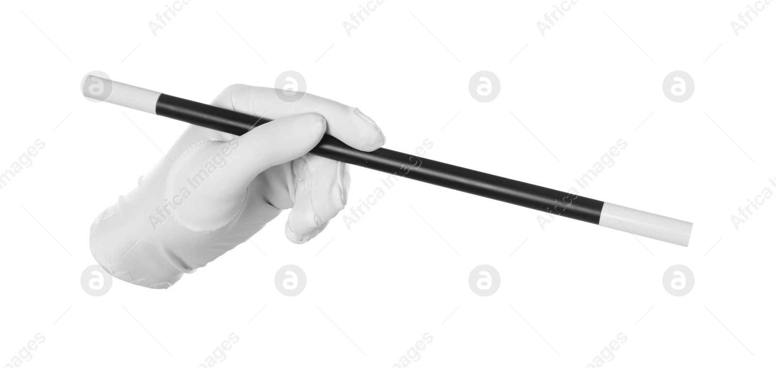 Photo of Magician with magic wand on white background, closeup