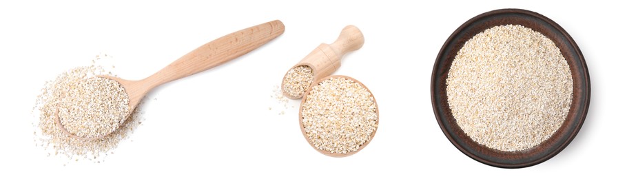 Image of Set of dry barley groats on white background, top view