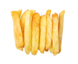 Delicious fresh french fries on white background, top view