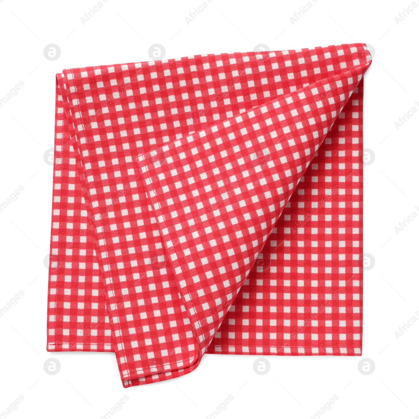 Photo of Red checkered tablecloth on white background, top view