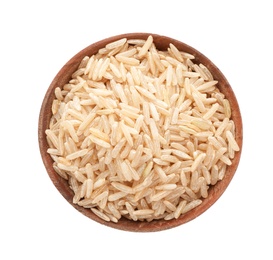 Photo of Wooden bowl with brown rice on white background, top view