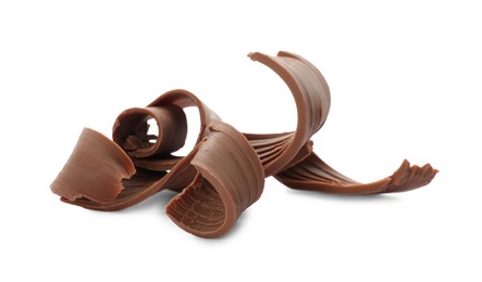 Photo of Yummy chocolate curls for decor on white background