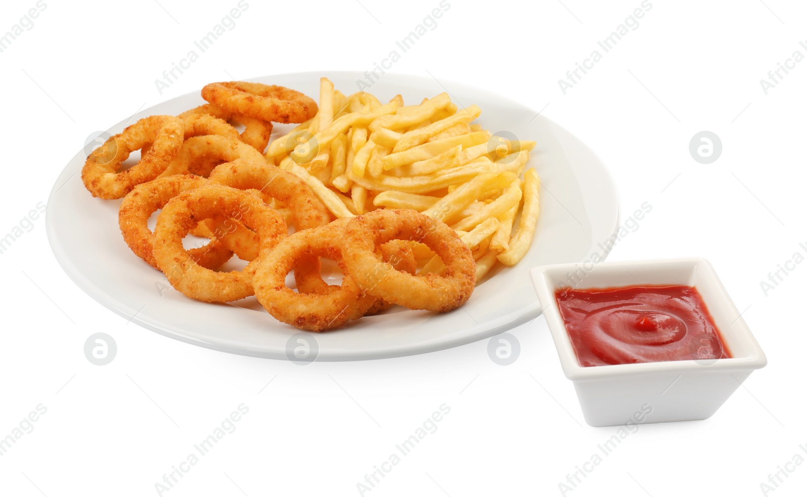 Photo of Tasty fried onion rings and french fries with ketchup on white background