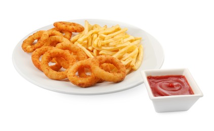 Tasty fried onion rings and french fries with ketchup on white background