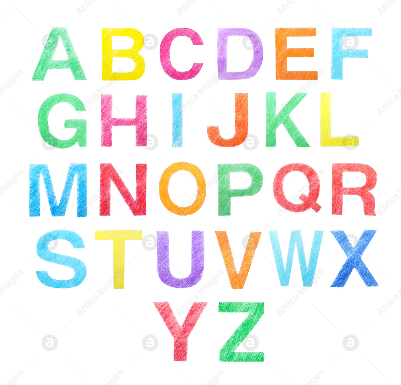 Image of Set of letters written with color pencils on white background, top view