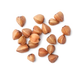 Buckwheat grains isolated on white, top view. Organic cereal