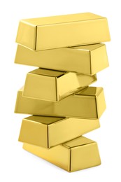 Photo of Many shiny gold bars isolated on white
