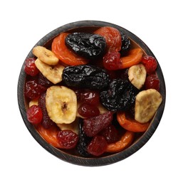 Photo of Mix of delicious dried fruits in wooden bowl isolated on white, top view