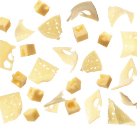 Image of Collage with pieces of cheese falling on white background