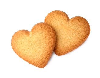 Photo of Tasty heart shaped Danish butter cookies isolated on white, top view