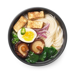 Delicious vegetarian ramen in bowl isolated on white, top view