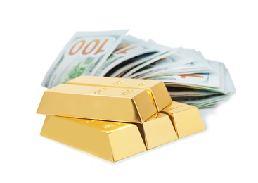 Shiny gold bars and dollar bills on white background