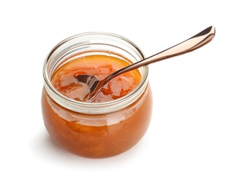 Jar with sweet jam on white background