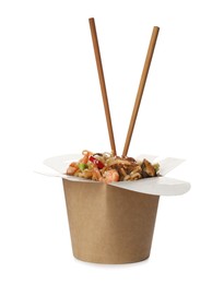 Photo of Box of wok noodles with seafood and chopsticks isolated on white