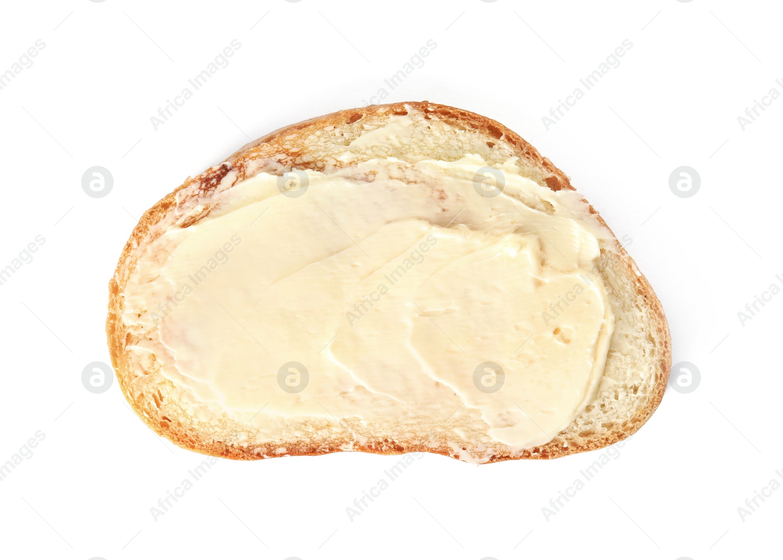 Photo of Slice of bread with butter isolated on white, top view