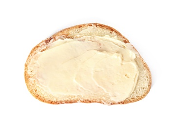 Photo of Slice of bread with butter isolated on white, top view