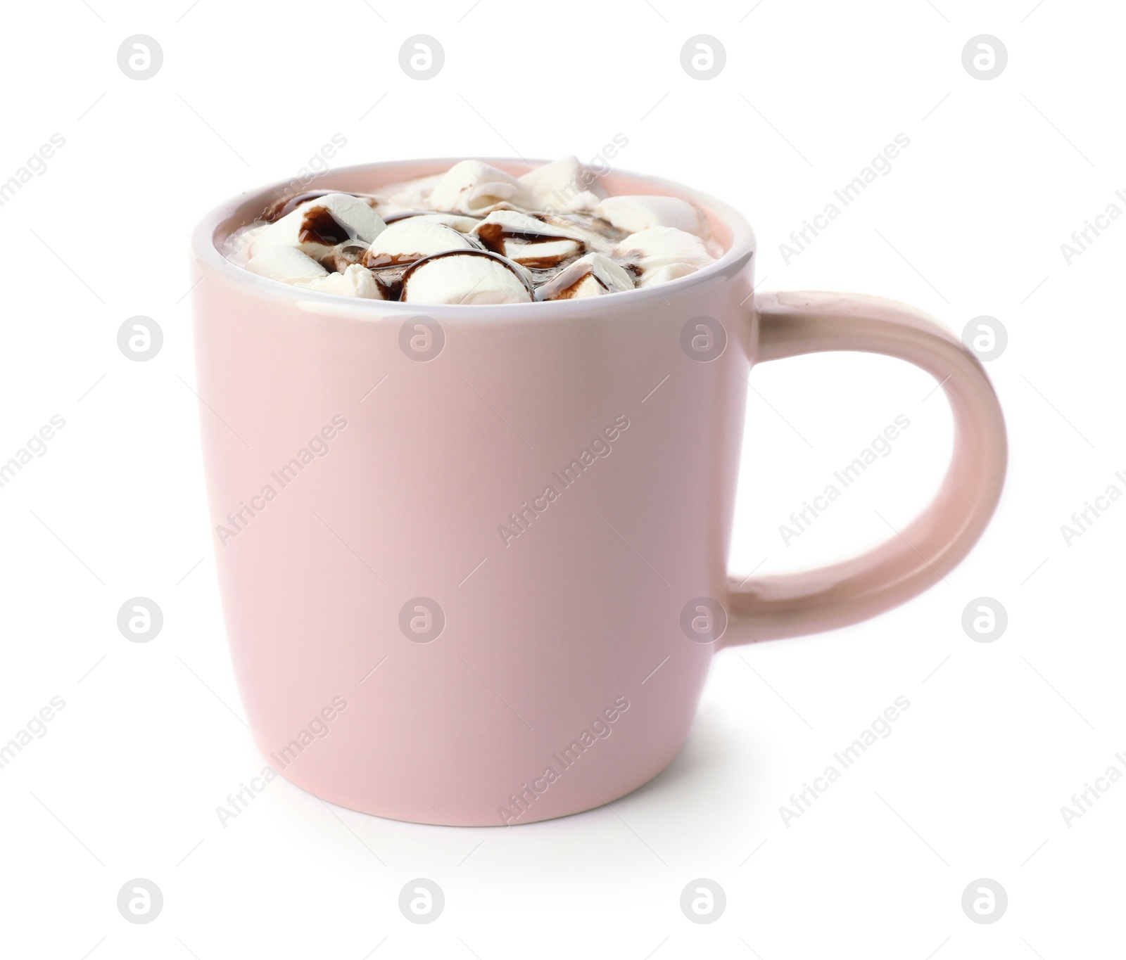 Photo of Cup of chocolate milk with marshmallows isolated on white